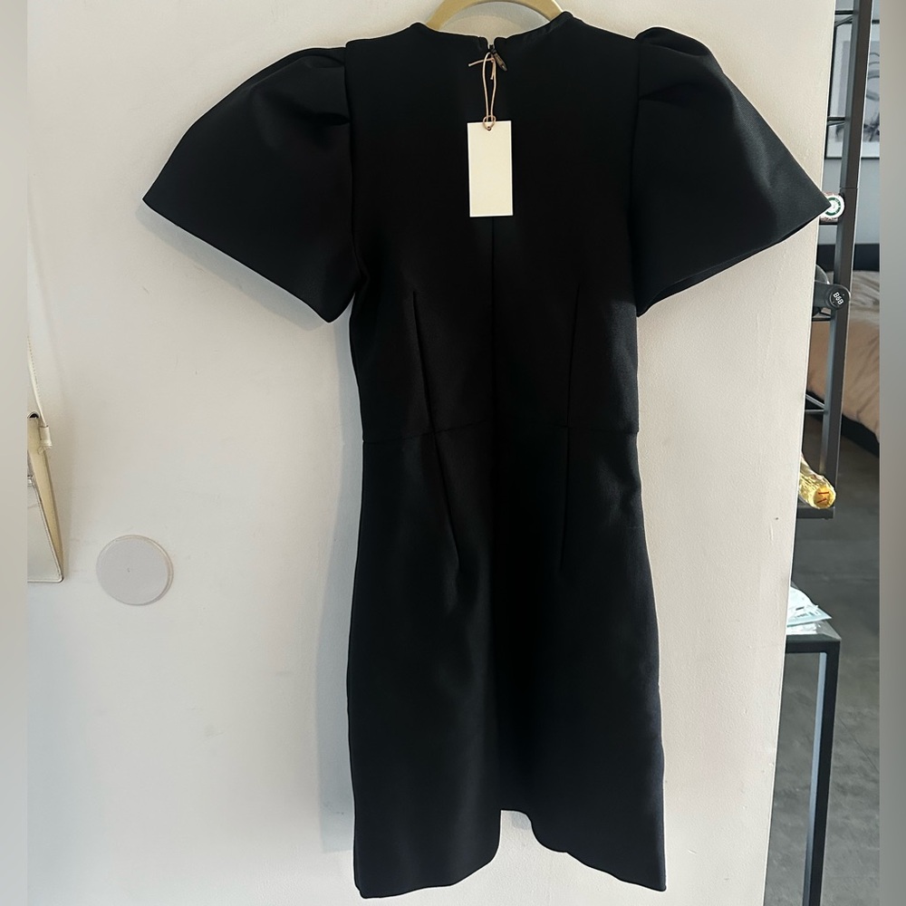 Black Mini Sheath Dress with Puff Cap Sleeves and Gray Bows - Picture 2 of 5